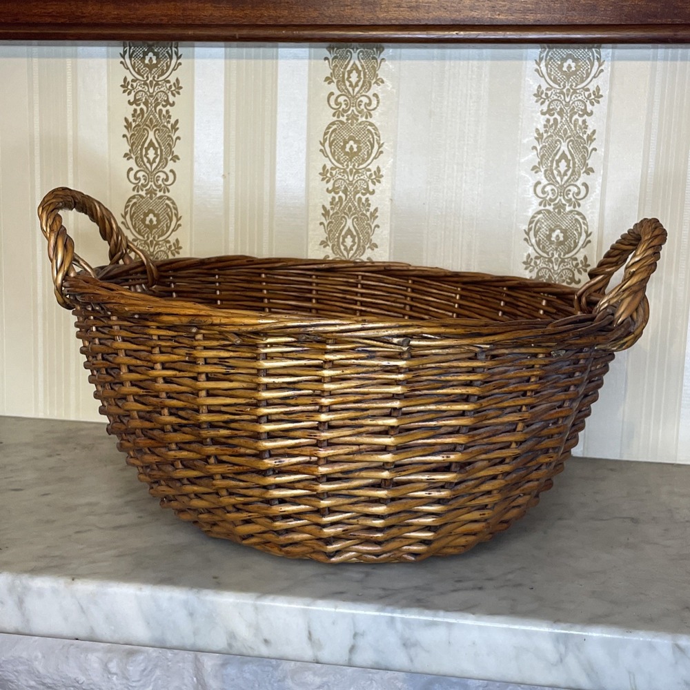 Very Nice Medium Brown Strong Handmade Woven 12" Basket Two Handles 5" Deep